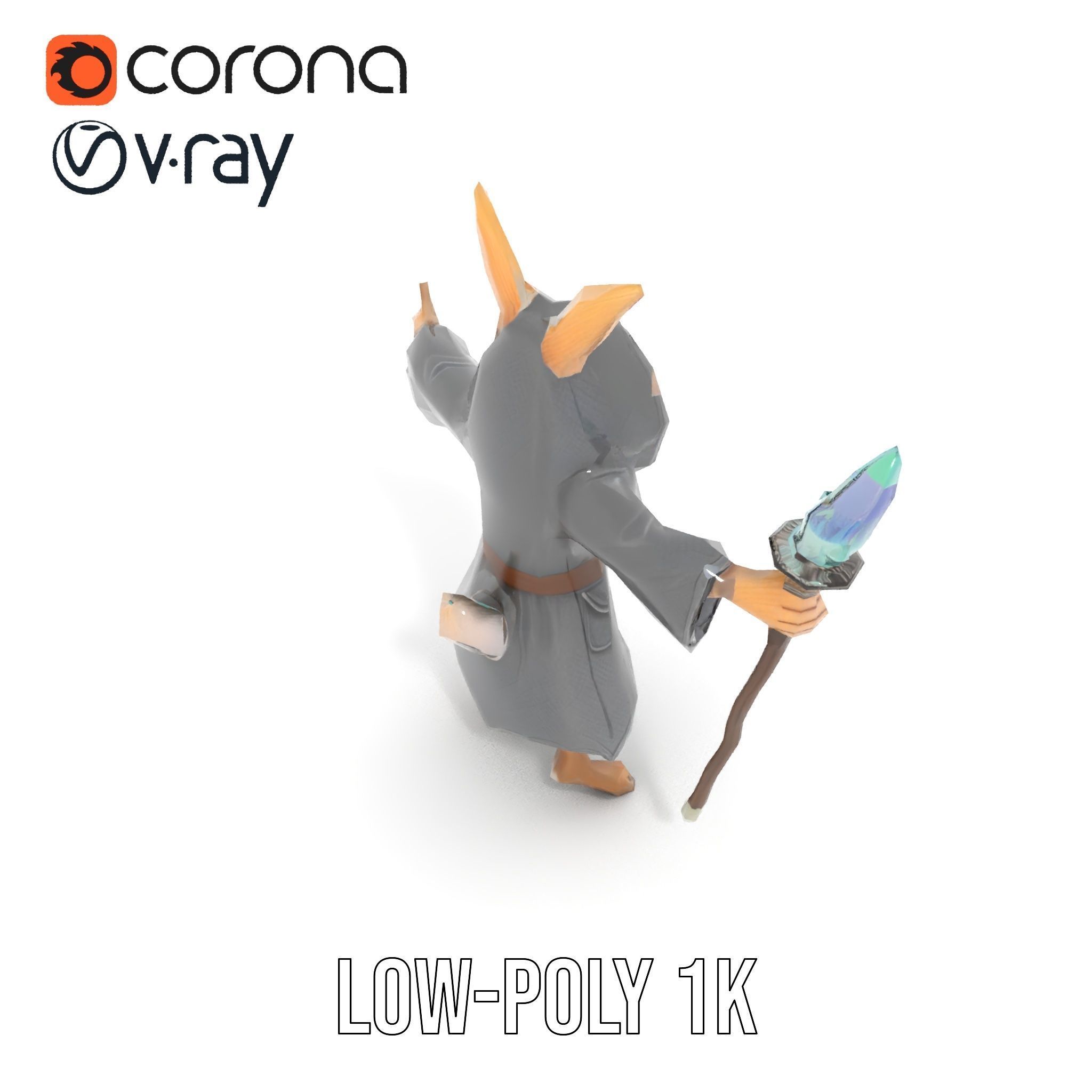 D Rigged and Animated Rabbit Wizard Character with Staff Low-poly 3D model_14