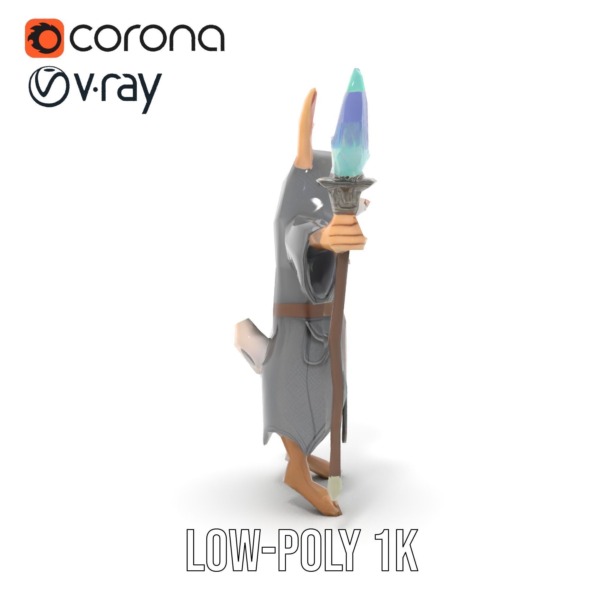D Rigged and Animated Rabbit Wizard Character with Staff Low-poly 3D model_8