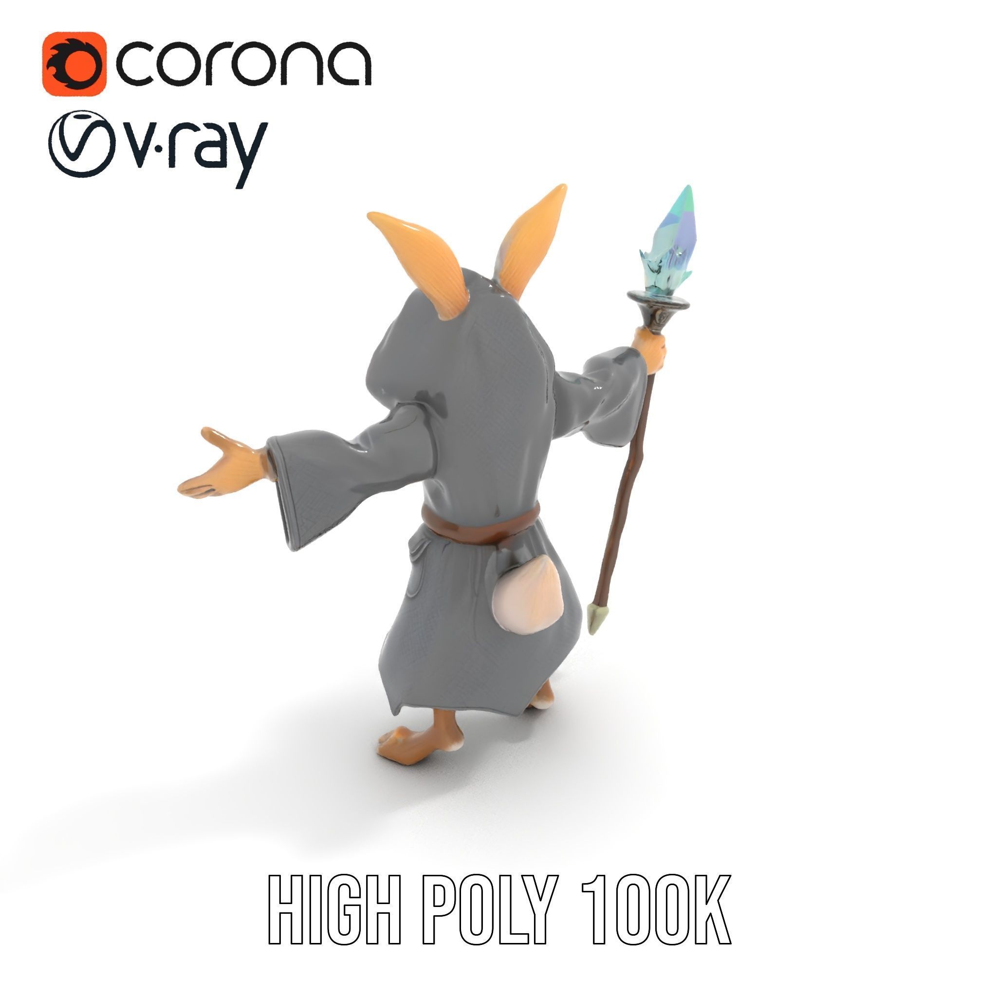 D Rigged and Animated Rabbit Wizard Character with Staff Low-poly 3D model_18