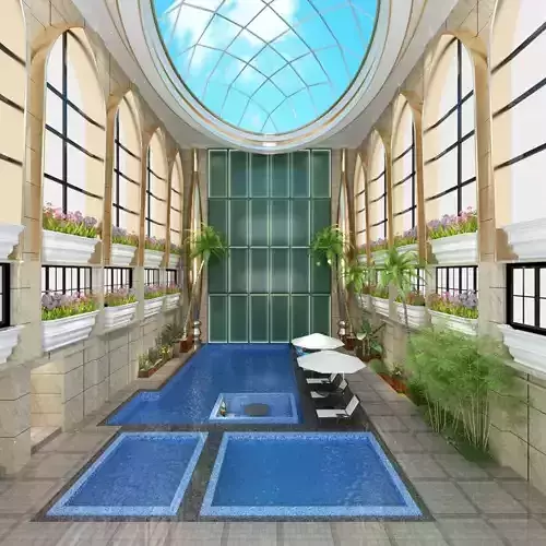 Indoor Pool with Patio and Tropical Greenery