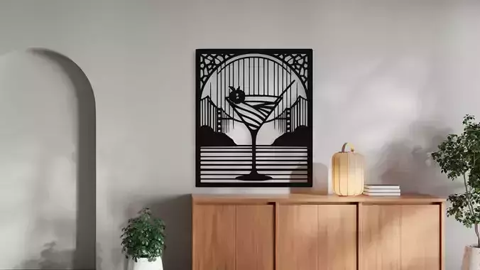 Art Deco Cocktail with Bridge Silhouette Wall Decor