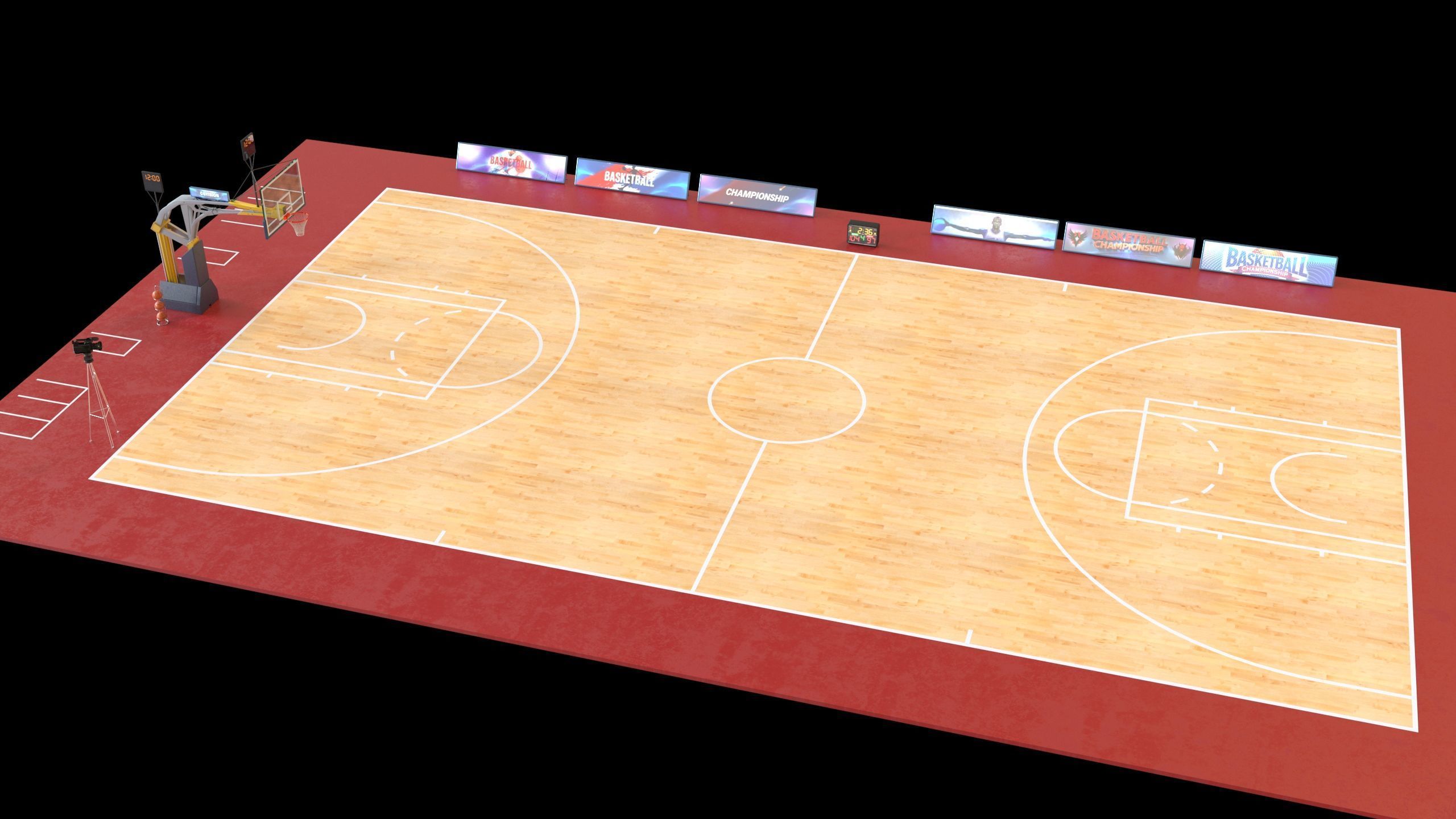 Basketball Court Set with Hoop Floor Timers LED Screens Low-poly 3D model_3
