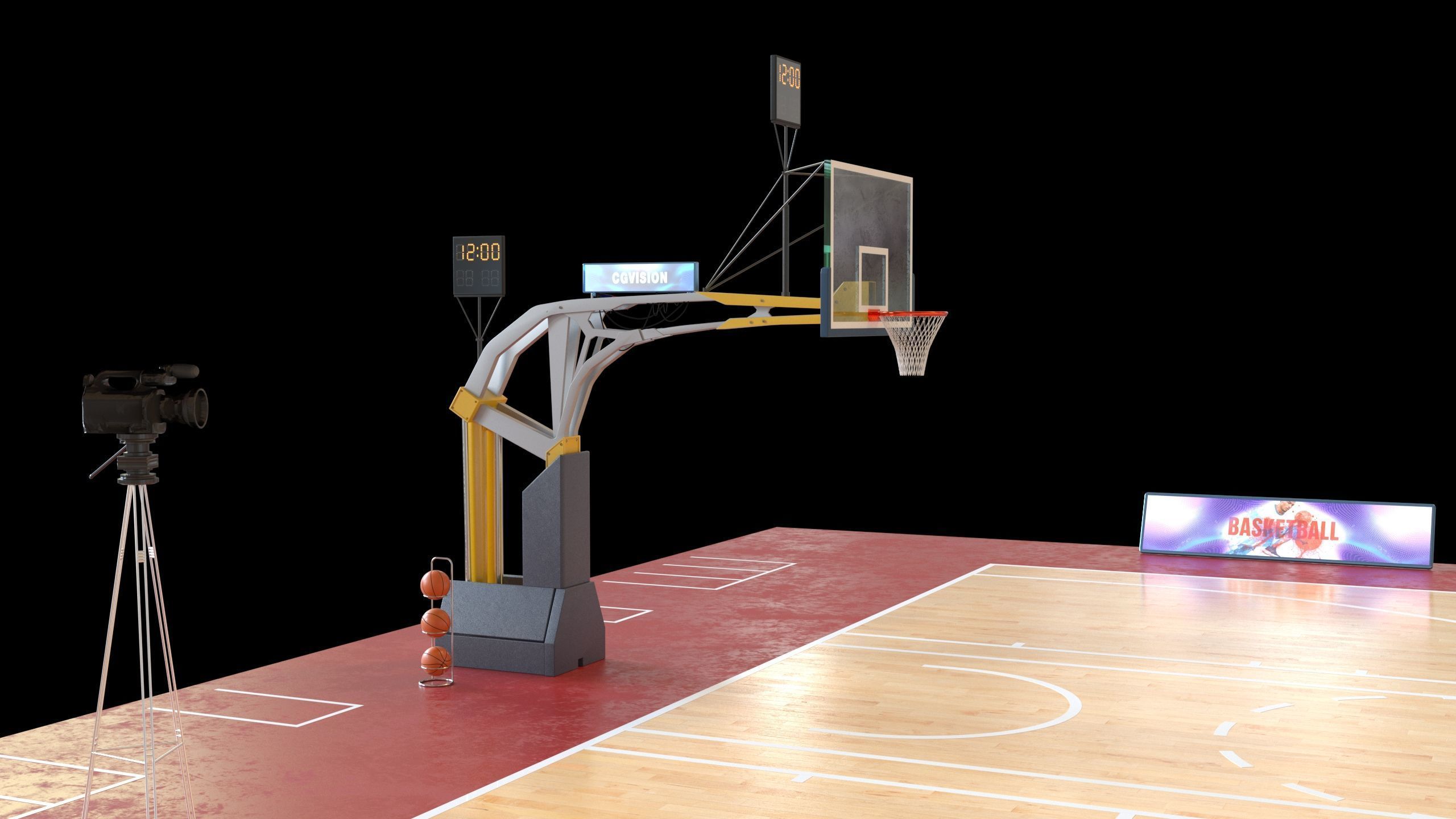 Basketball Court Set with Hoop Floor Timers LED Screens Low-poly 3D model_5