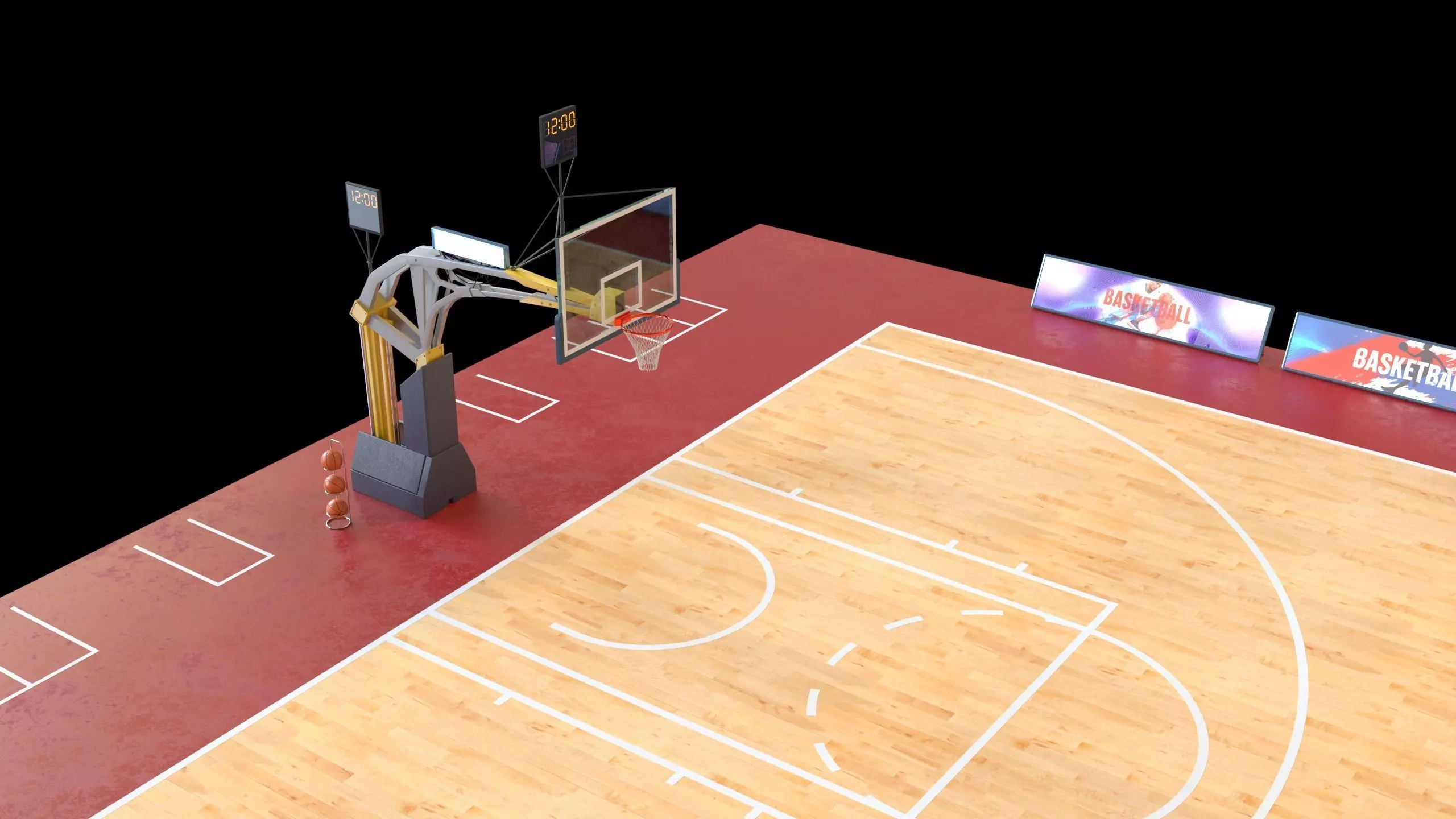 Basketball Court Set with Hoop Floor Timers LED Screens Low-poly 3D model_0
