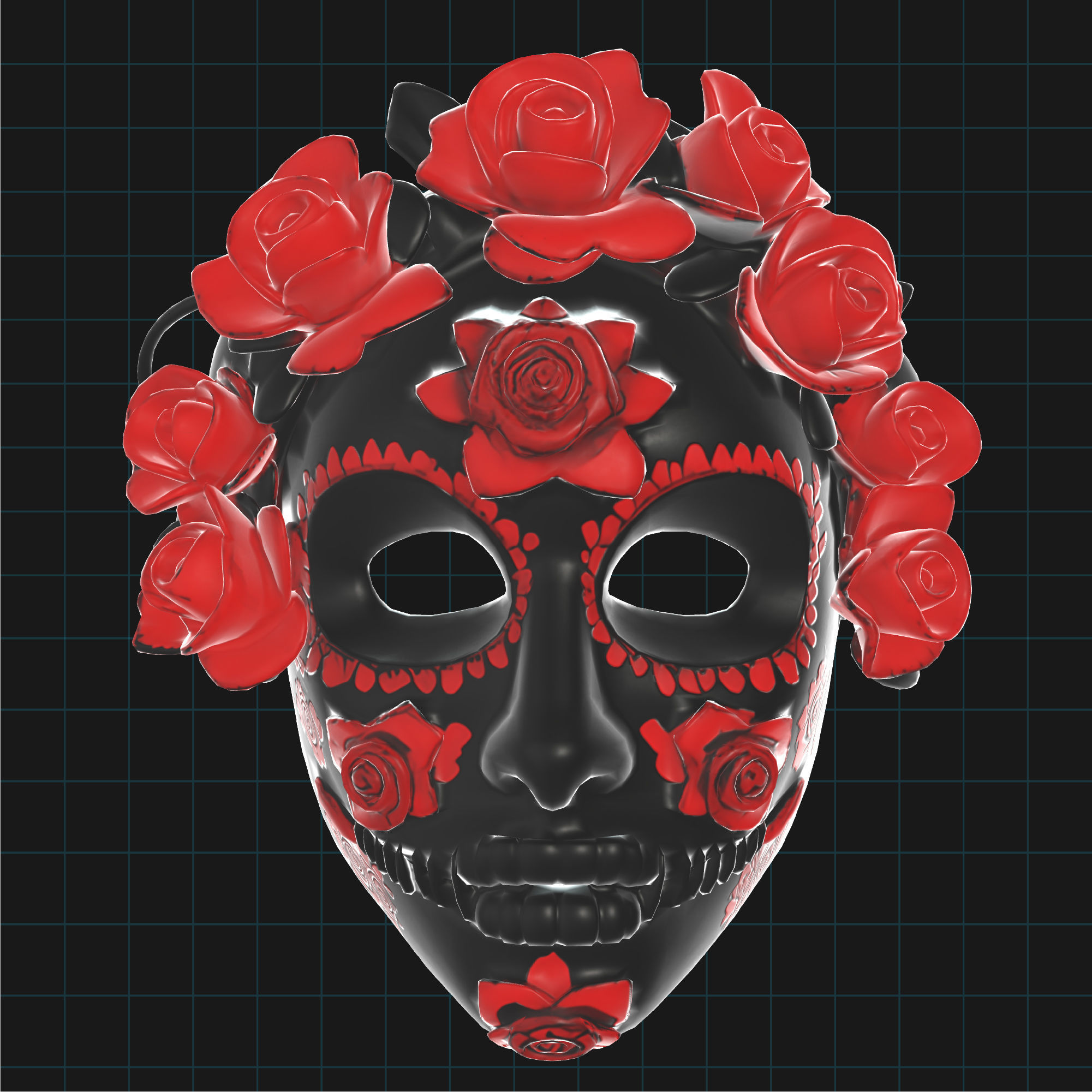 Day of the Dead Sugar Skull Mask with Red Roses 3D print model_1