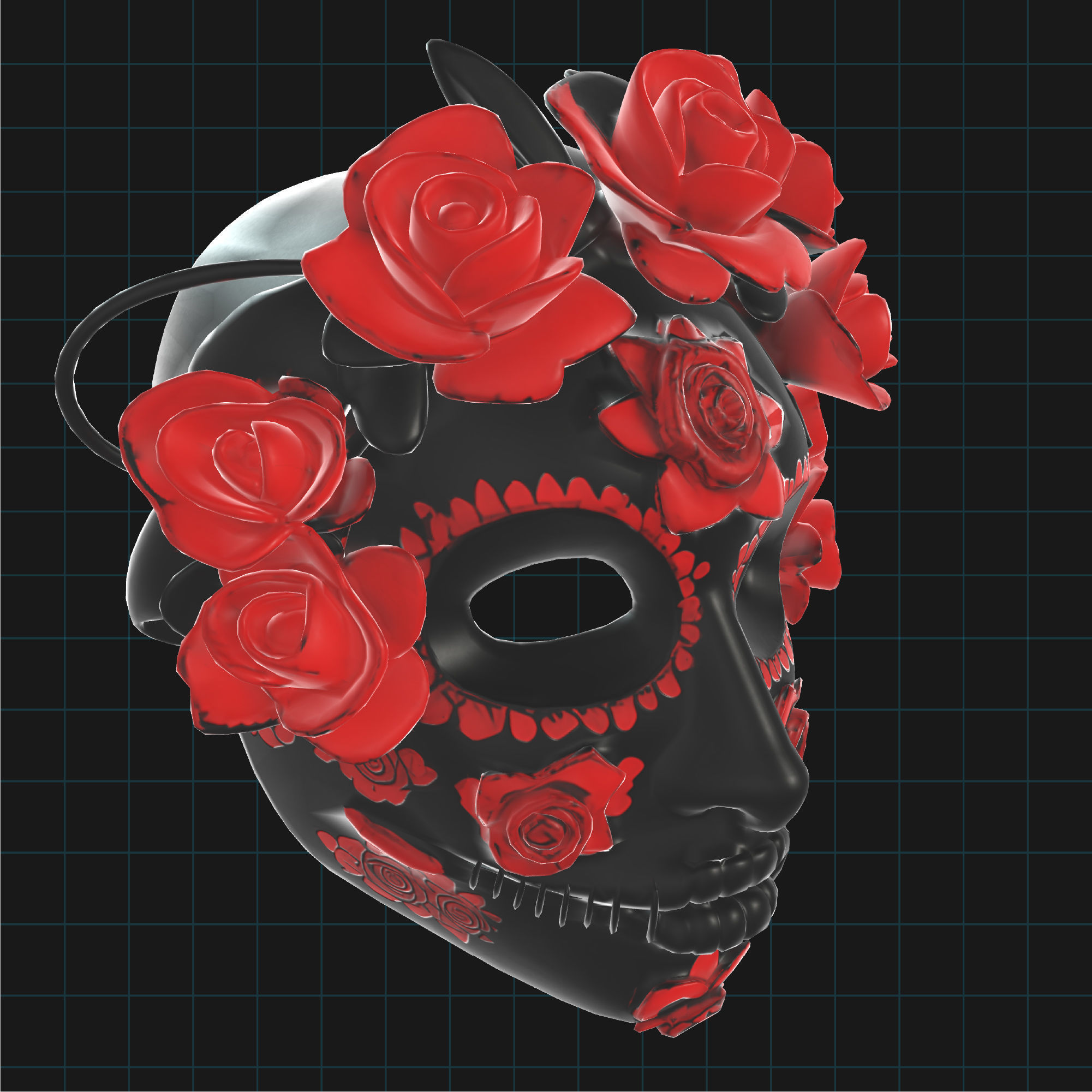 Day of the Dead Sugar Skull Mask with Red Roses 3D print model_3