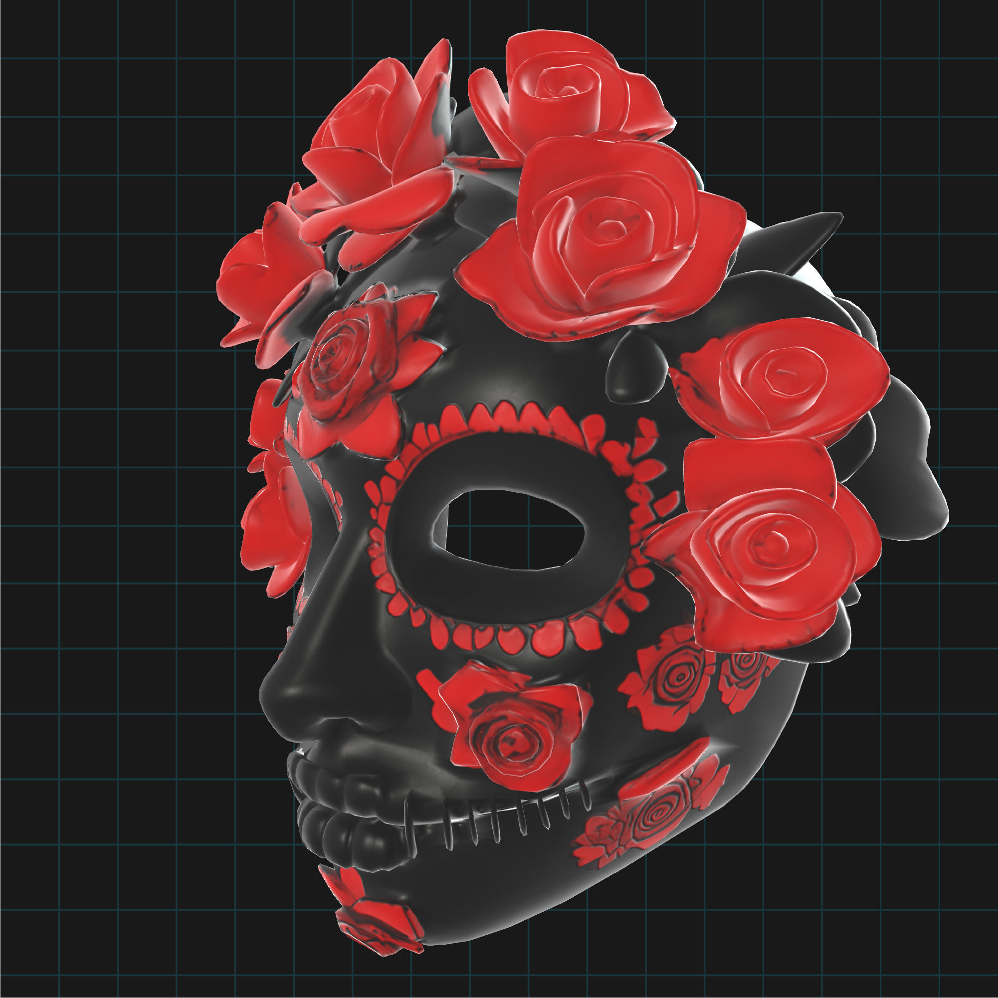 Day of the Dead Sugar Skull Mask with Red Roses 3D print model_2