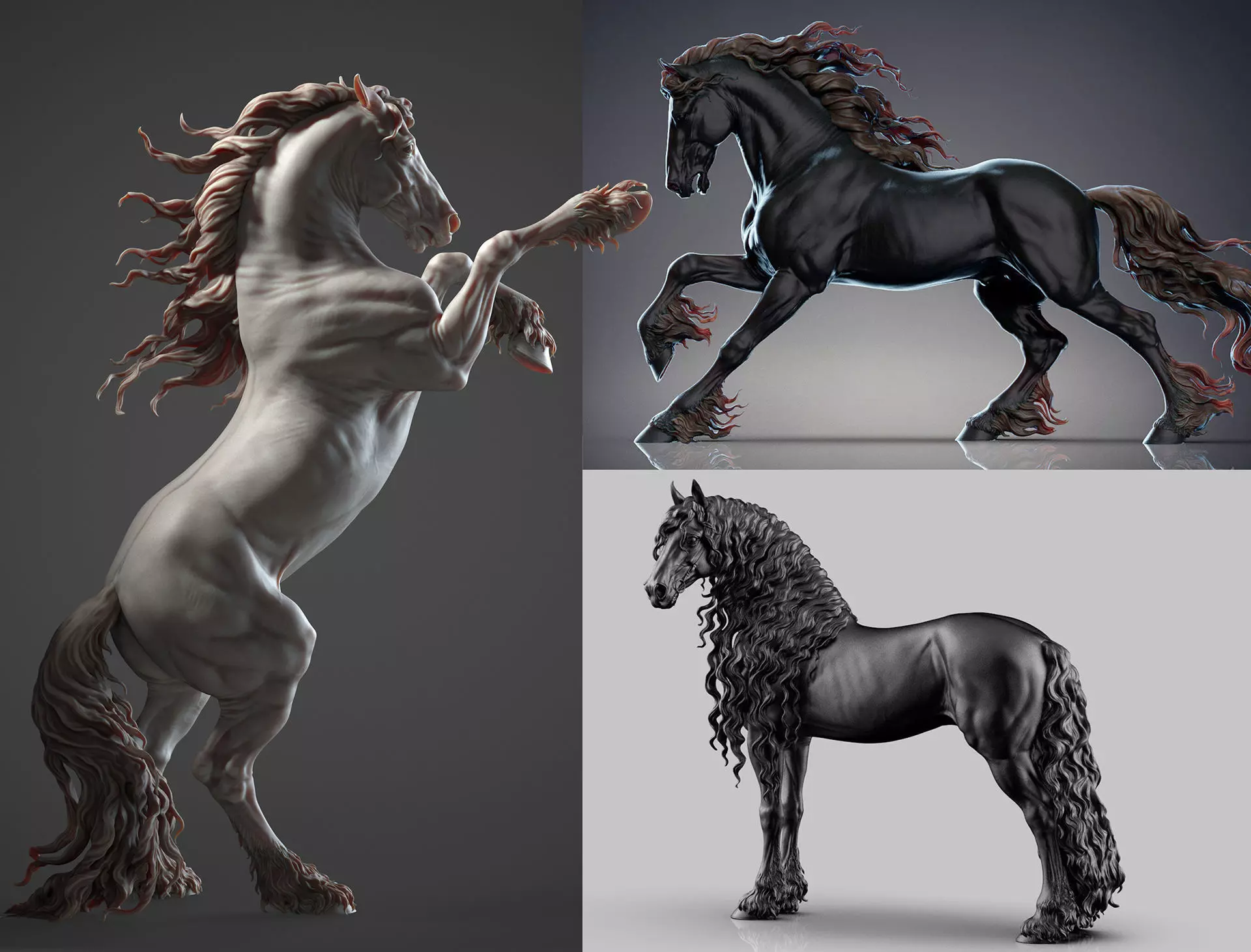 3 Friesian horses 3D Model Collection_0