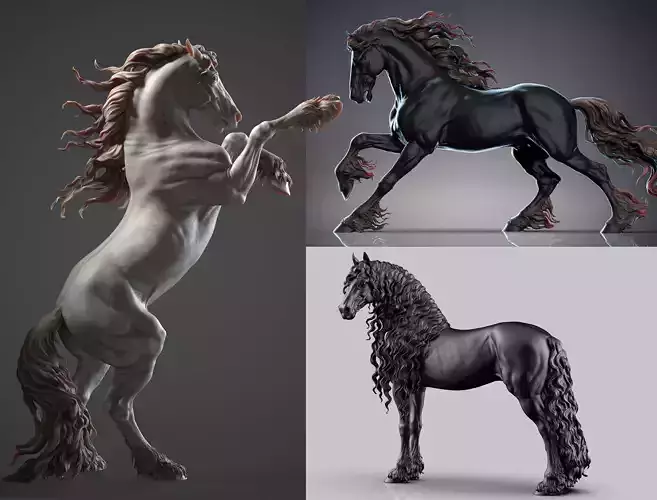 3 Friesian horses 3D Model Collection