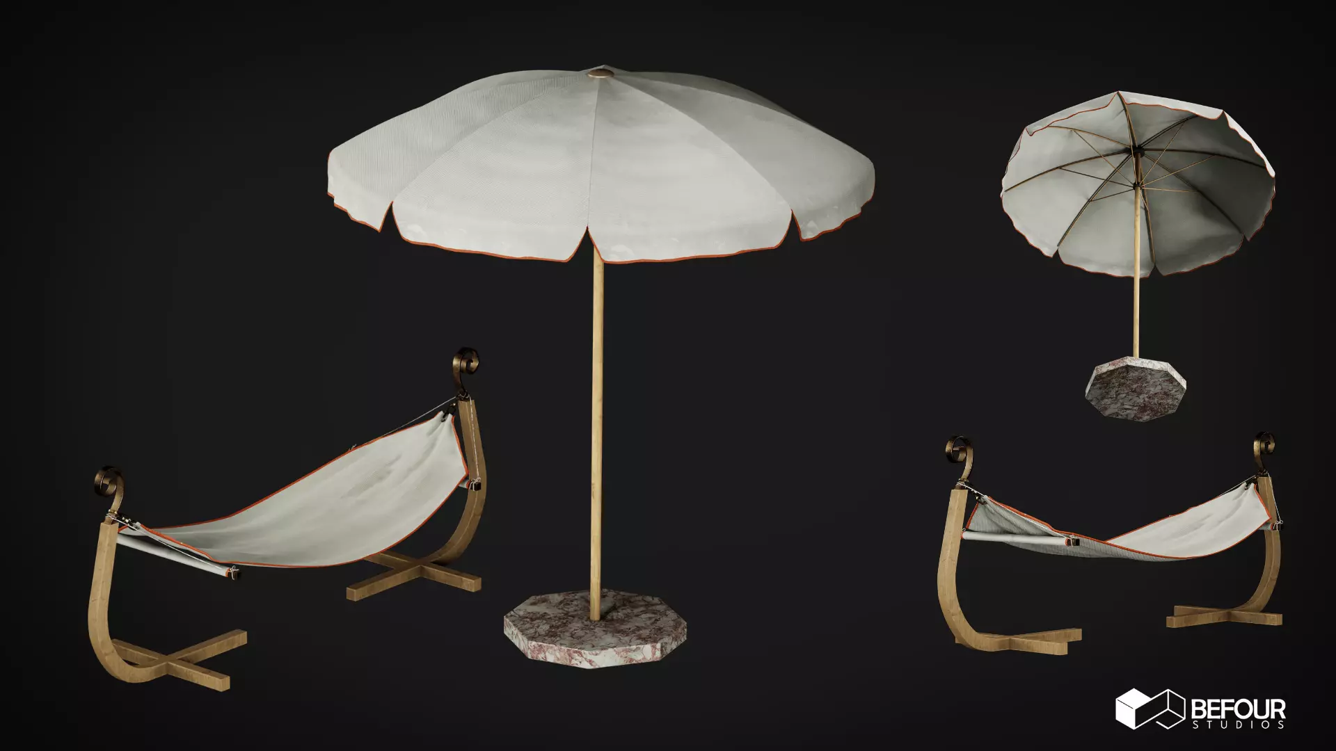 Pool Set - Sunbed and Umbrella Low-poly 3D model