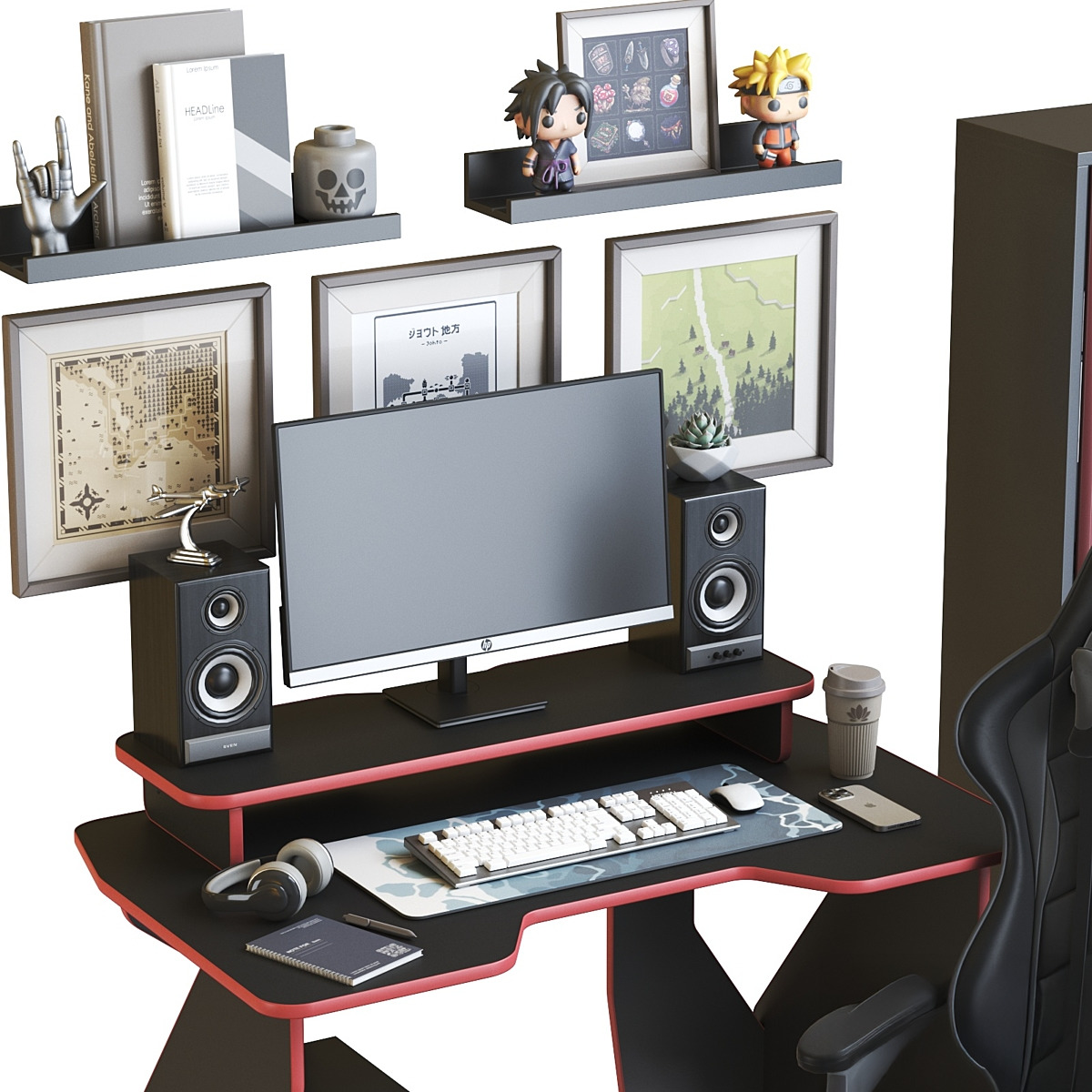 Workspace with gaming desk and chair 3D model_1