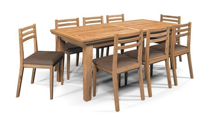 Country Dining Set Extendable Table 200-240 cm with 8 Chairs Oak 3D model 2