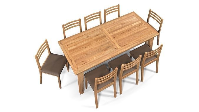 Country Dining Set Extendable Table 200-240 cm with 8 Chairs Oak 3D model 3