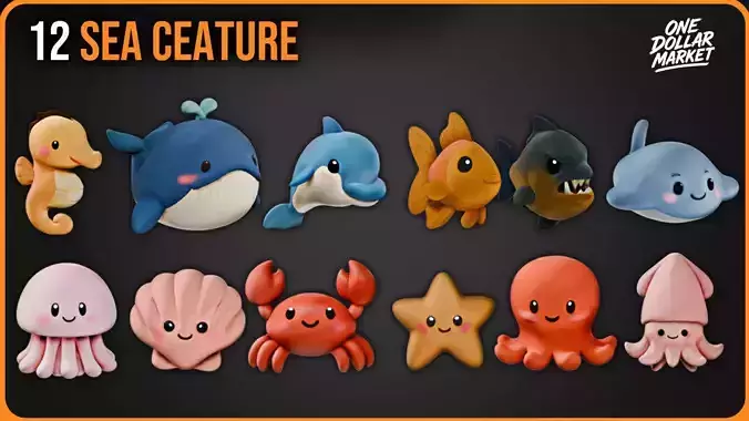 12 Sea Ceature Plush Collection 3D model