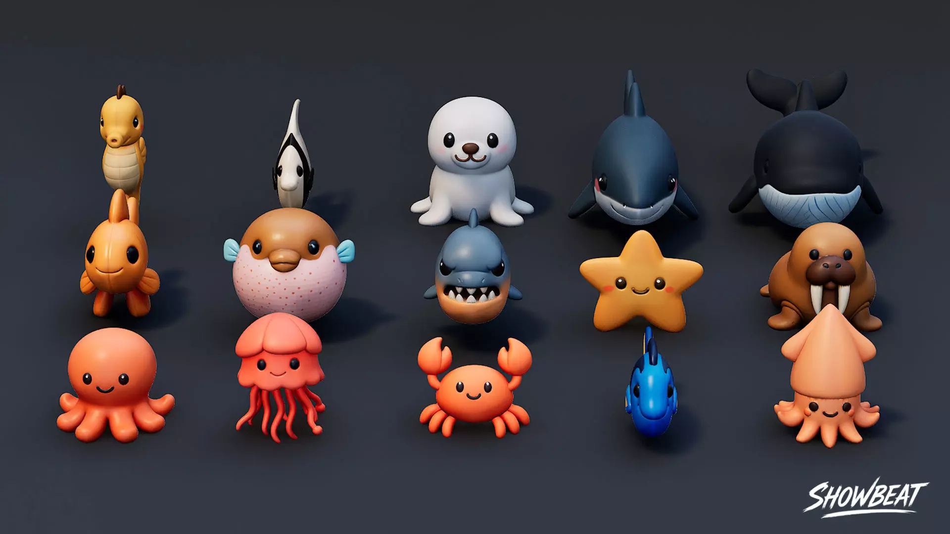 Cartoon Sea Animals Plush Pack Low-poly 3D model_1