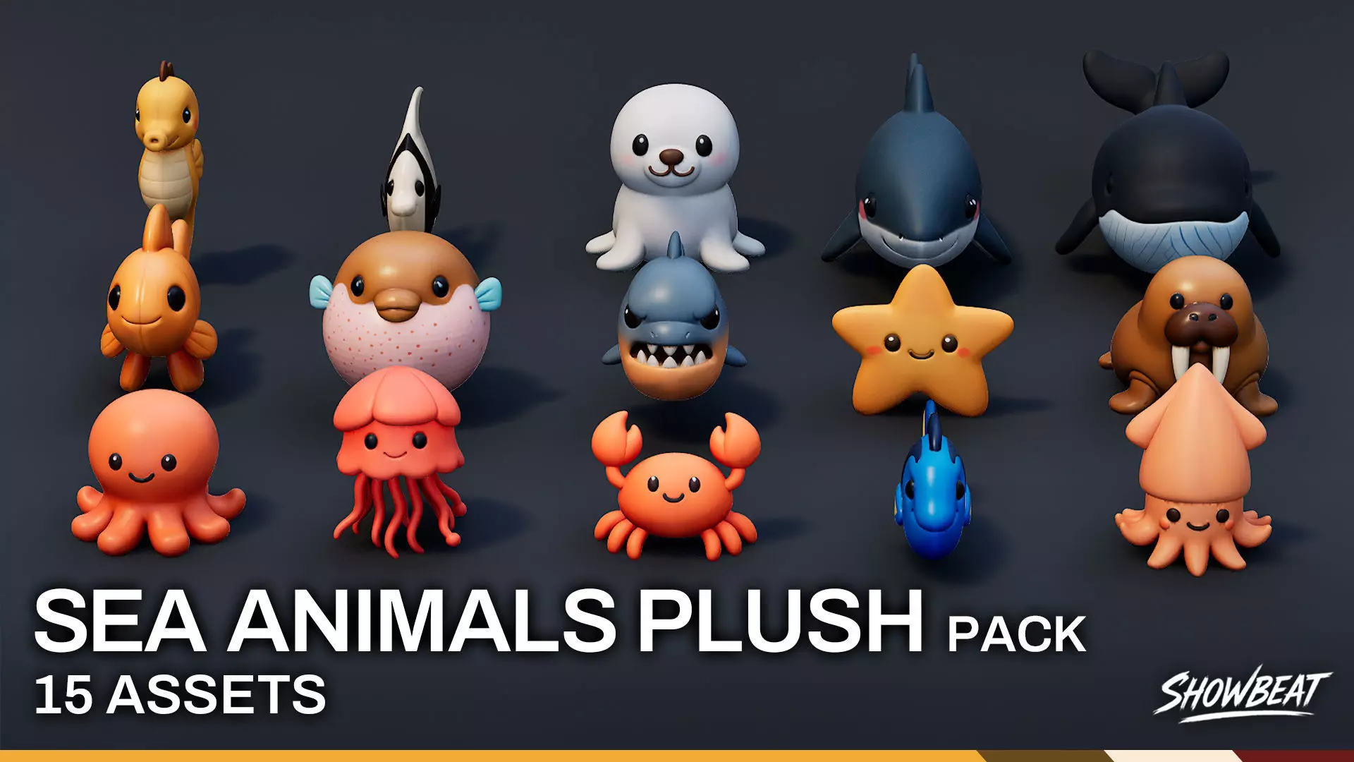 Cartoon Sea Animals Plush Pack Low-poly 3D model_0