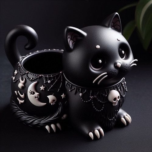 Gothic Cat Planter with Skulls and Crescent Moons 3D print model