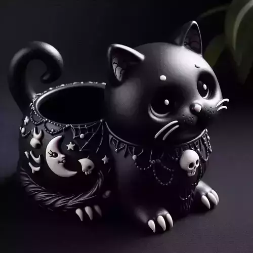 Gothic Cat Planter with Skulls and Crescent Moons