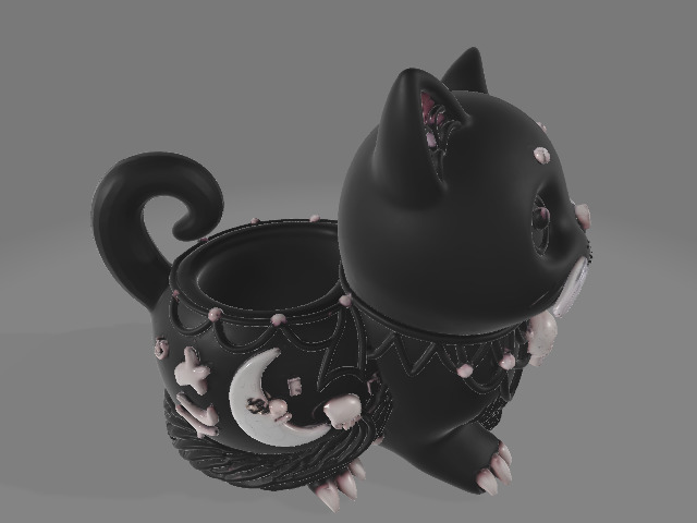 Gothic Cat Planter with Skulls and Crescent Moons 3D print model_2