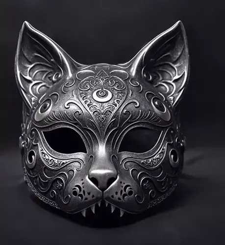 Gothic Cat Mask with Moons and Skulls