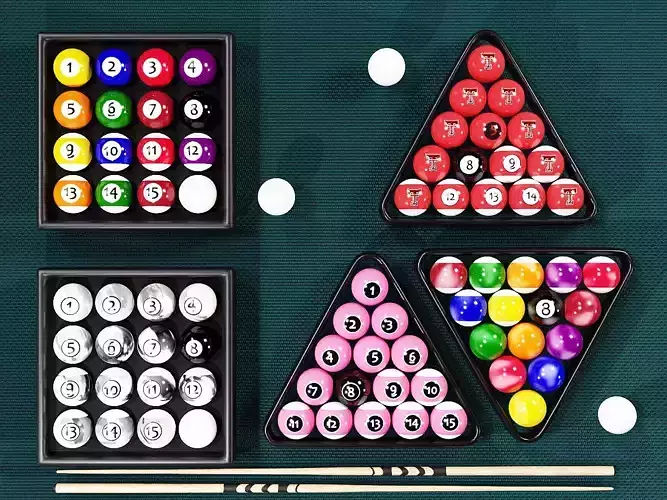 Billiard set Balls Cue and Rack Low-poly 3D model