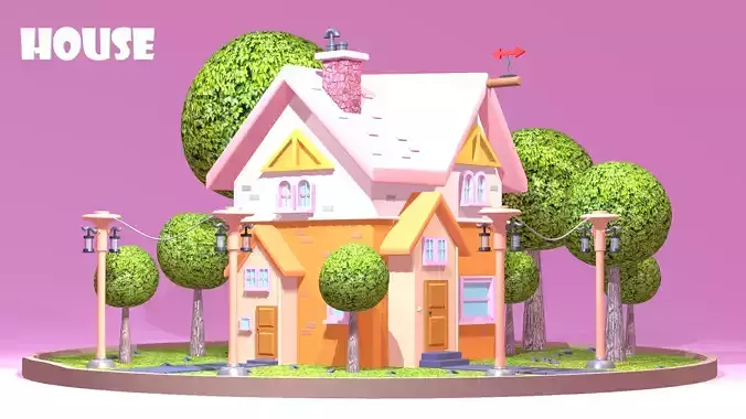 Stylized Cartoon House  Fantasy Cottage with Trees and Lamps