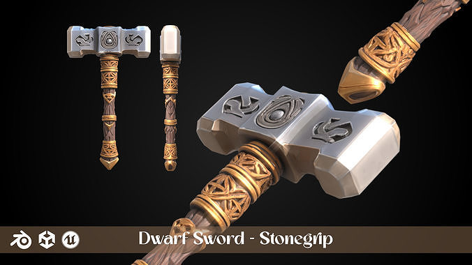 Stylized Dwarf Sword - Stonegrip - Game Ready Free 3D model