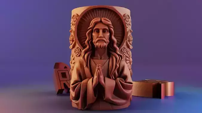 Jesus Christ Devotional Candle with Floral Relief 3D print model