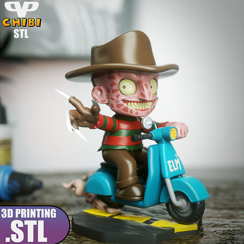 Freddy Krueger Chibi on Vespa STL for 3D Printing ChibiSTL 3DXM 3D print model