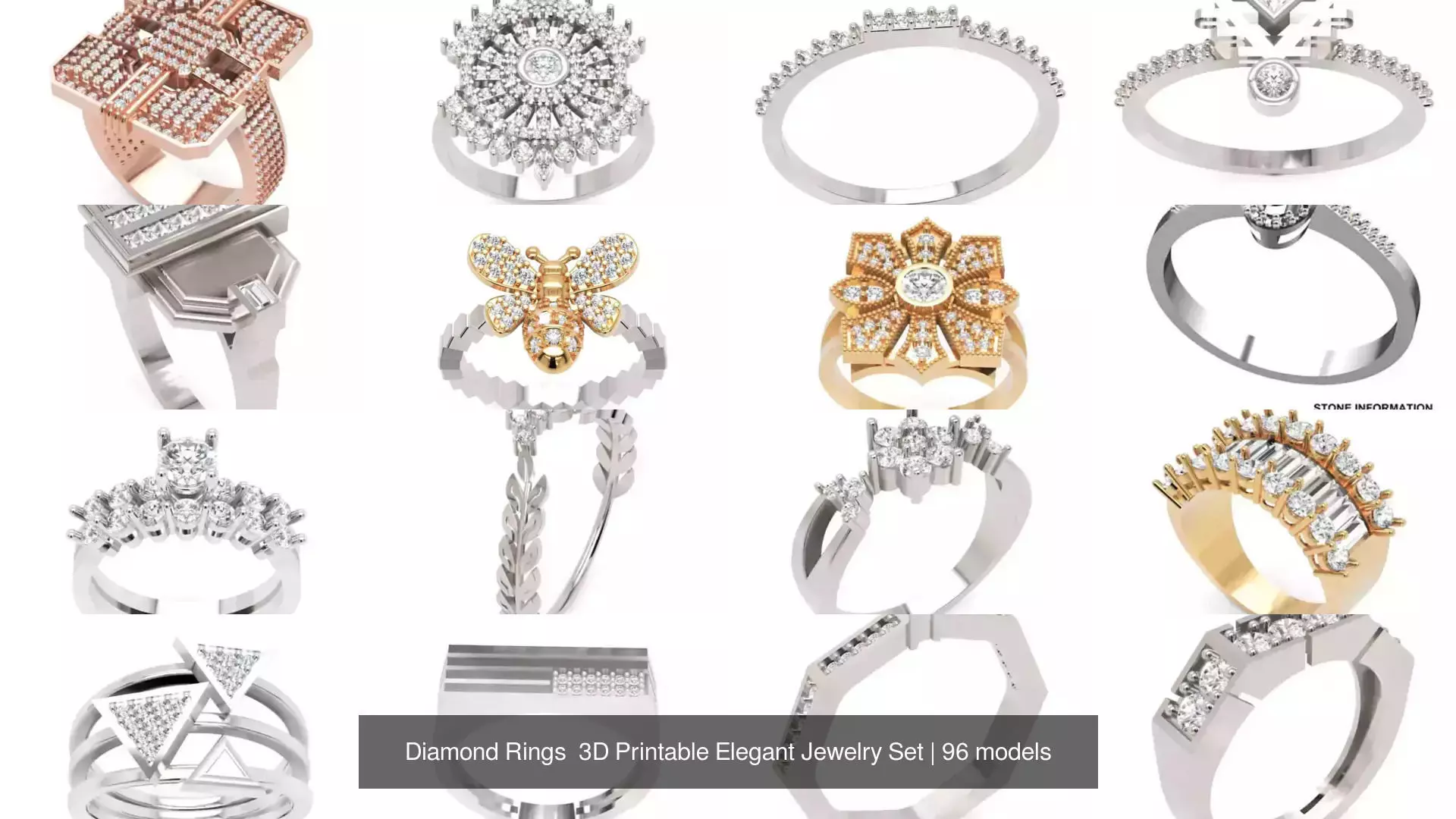 Diamond Rings 3D Printable Elegant Jewelry Set 3D Model Collection_274