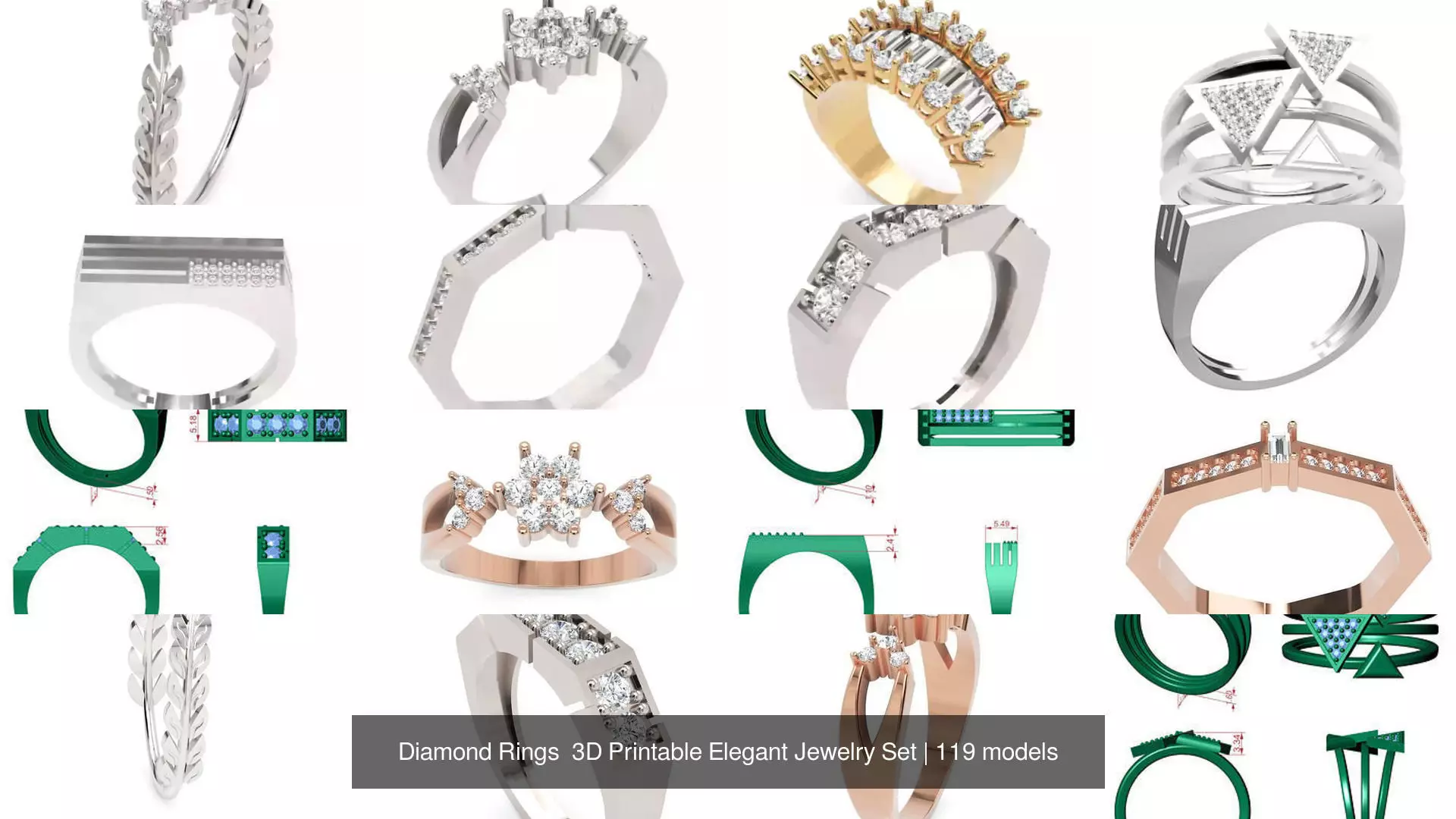 Diamond Rings 3D Printable Elegant Jewelry Set 3D Model Collection_338