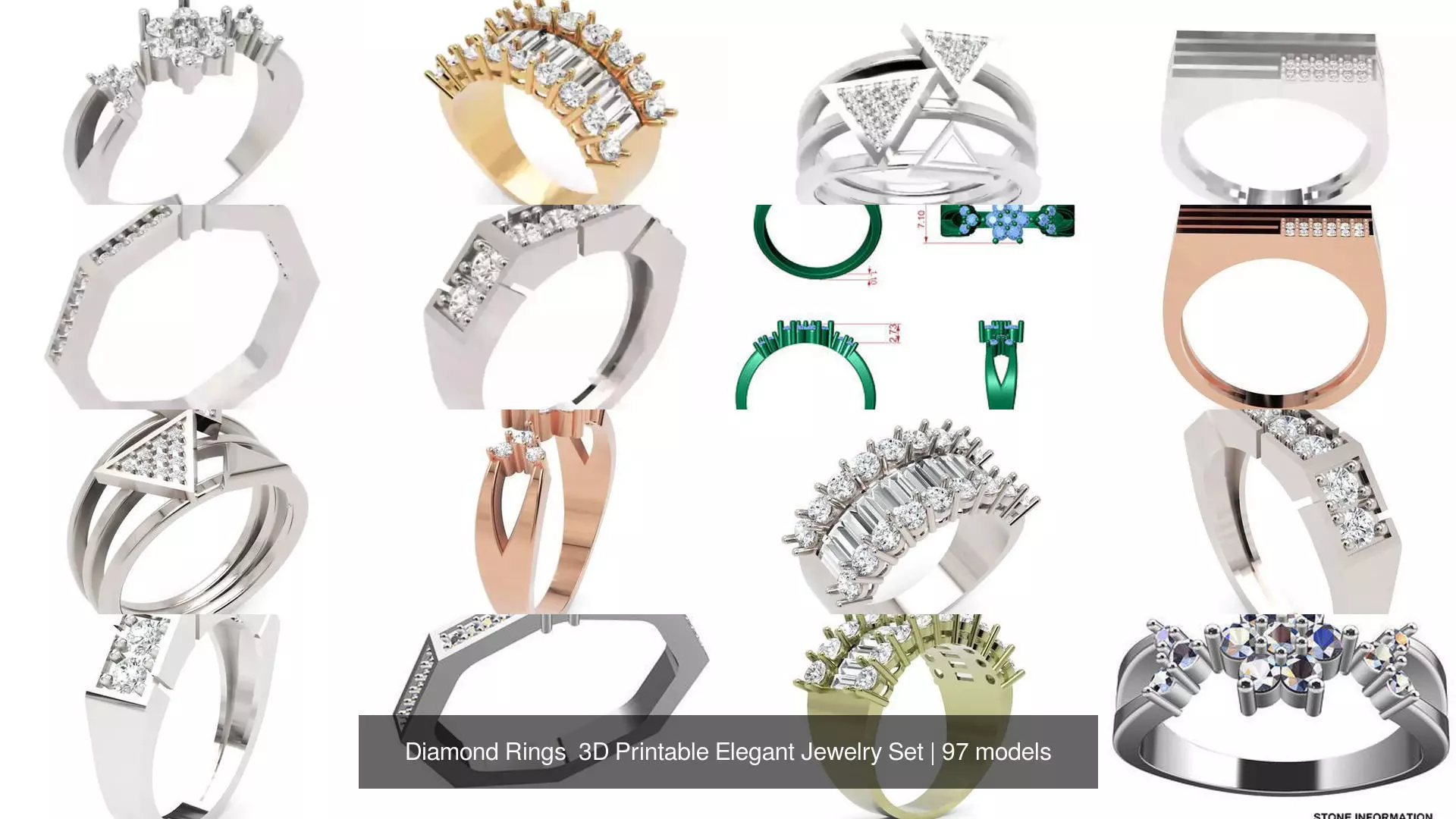 Diamond Rings 3D Printable Elegant Jewelry Set 3D Model Collection_318
