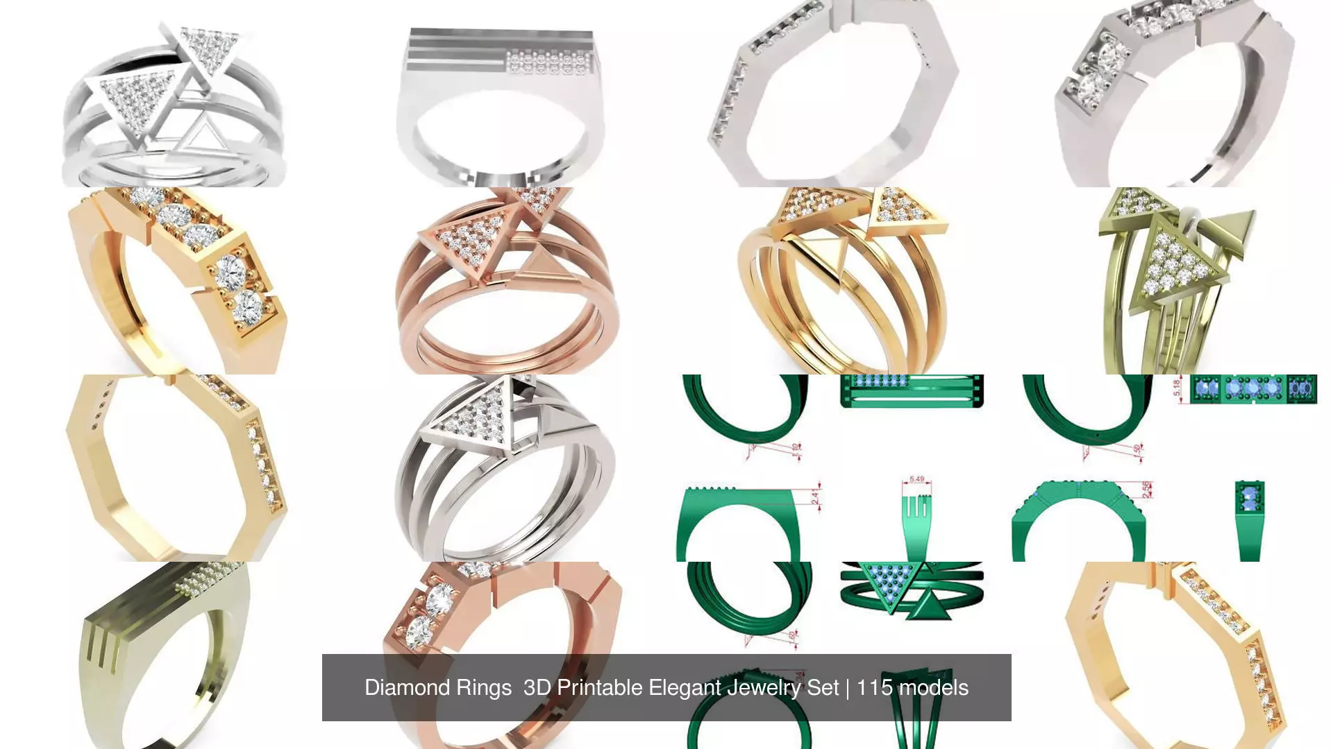 Diamond Rings 3D Printable Elegant Jewelry Set 3D Model Collection_341