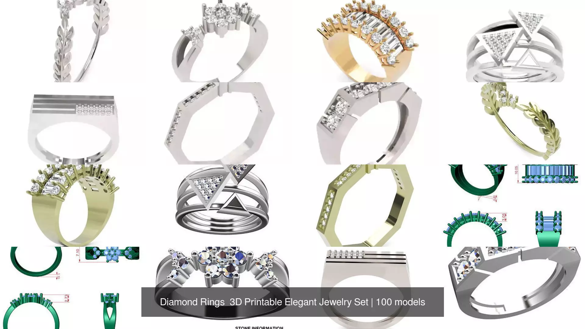 Diamond Rings 3D Printable Elegant Jewelry Set 3D Model Collection_317