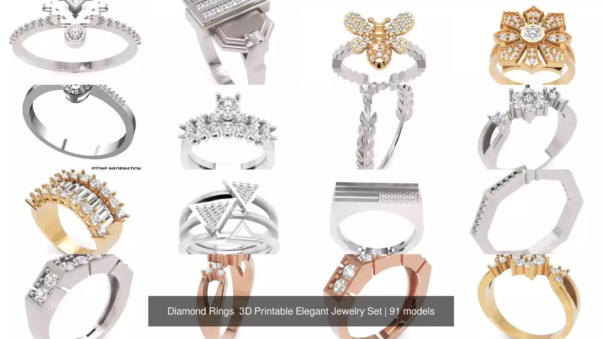 Diamond Rings 3D Printable Elegant Jewelry Set 3D Model Collection_278
