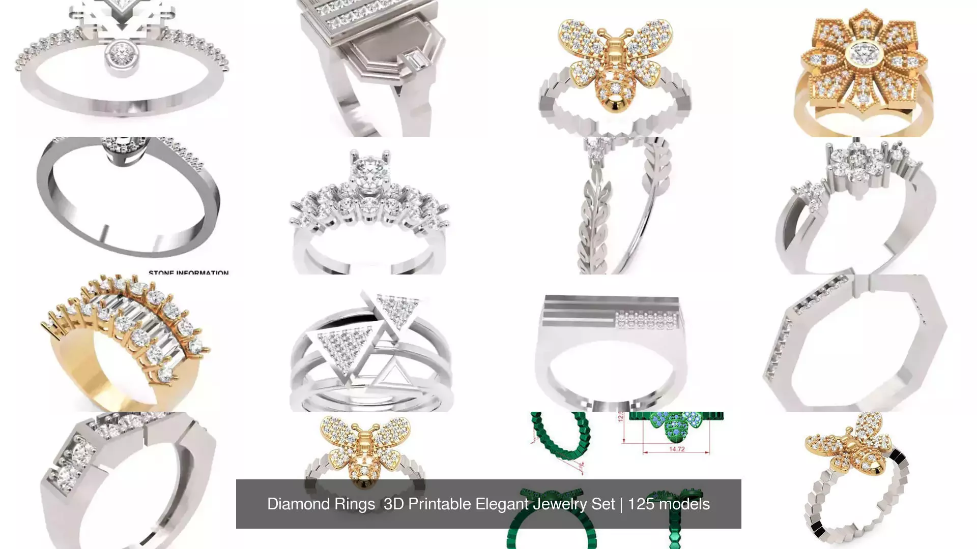 Diamond Rings 3D Printable Elegant Jewelry Set 3D Model Collection_332