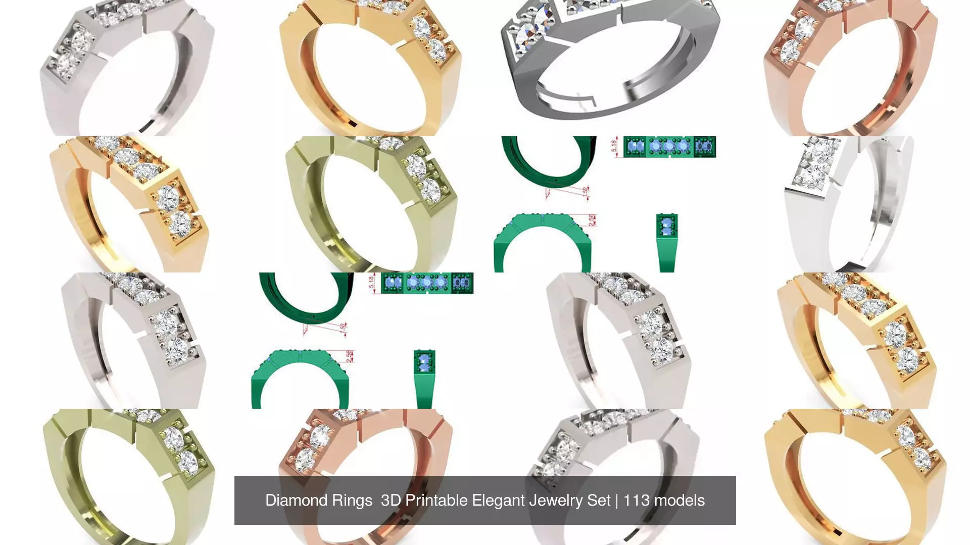 Diamond Rings 3D Printable Elegant Jewelry Set 3D Model Collection_344