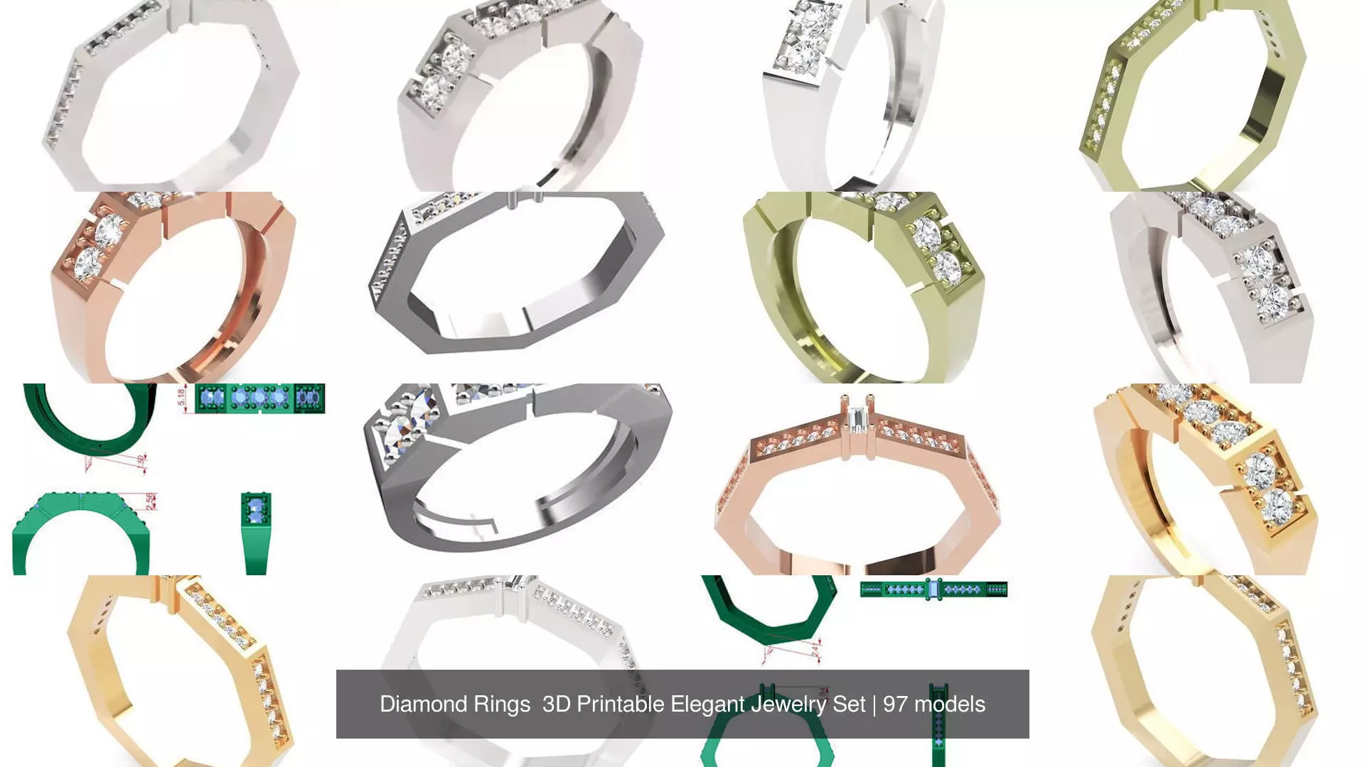 Diamond Rings 3D Printable Elegant Jewelry Set 3D Model Collection_322