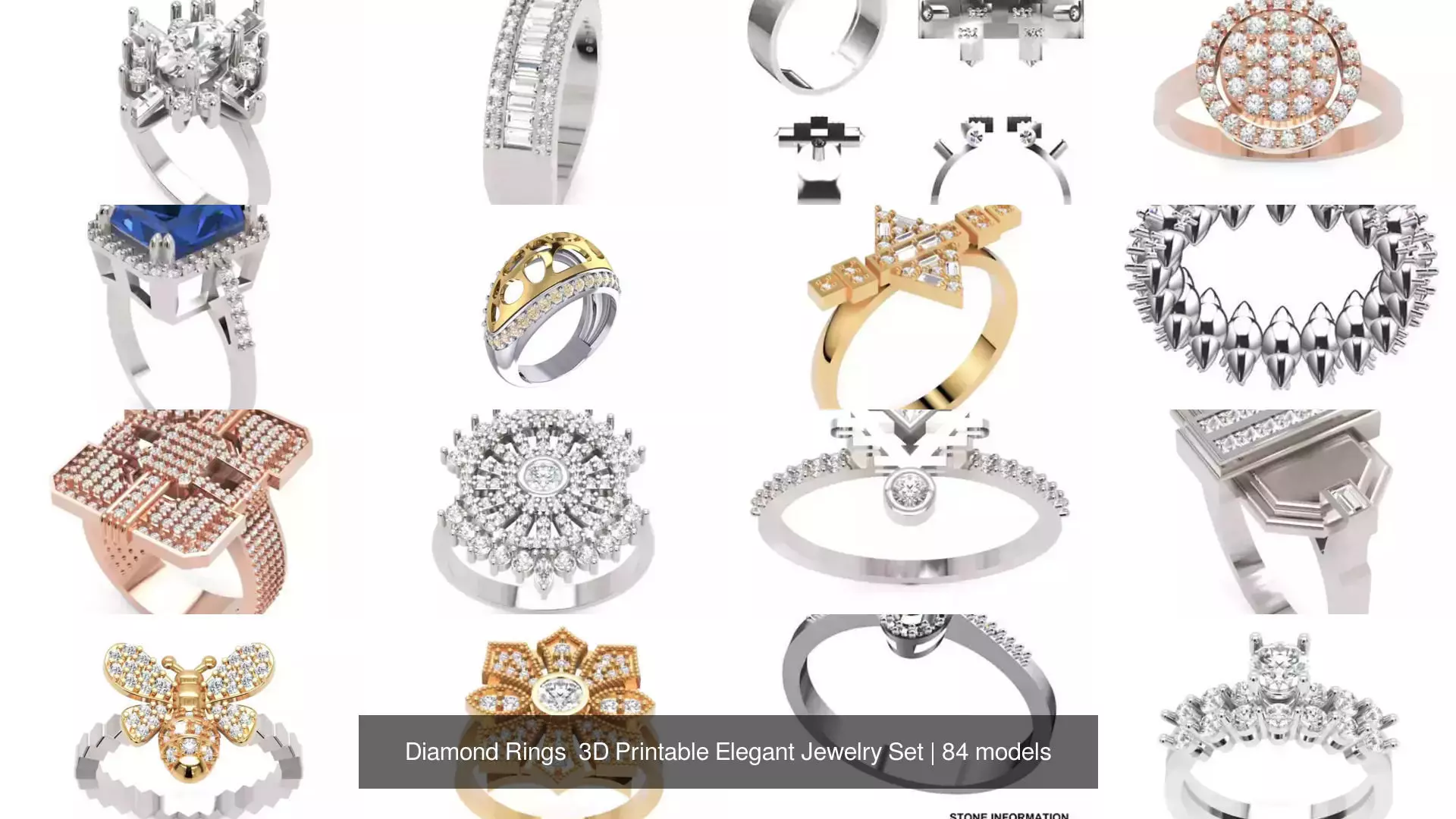 Diamond Rings 3D Printable Elegant Jewelry Set 3D Model Collection_235