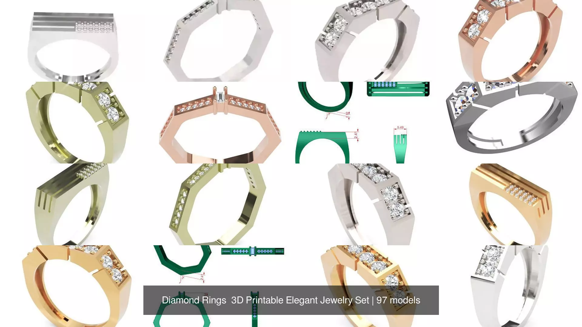 Diamond Rings 3D Printable Elegant Jewelry Set 3D Model Collection_321