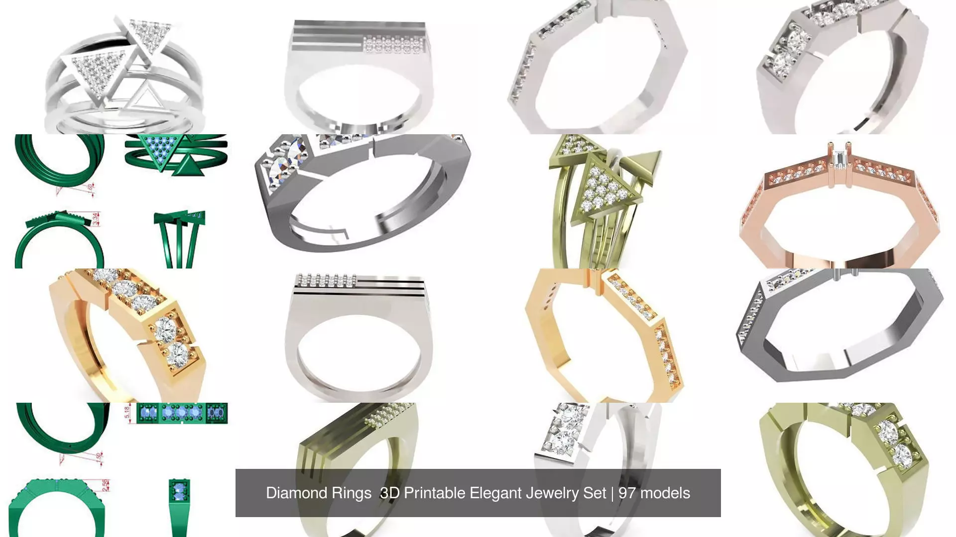 Diamond Rings 3D Printable Elegant Jewelry Set 3D Model Collection_320