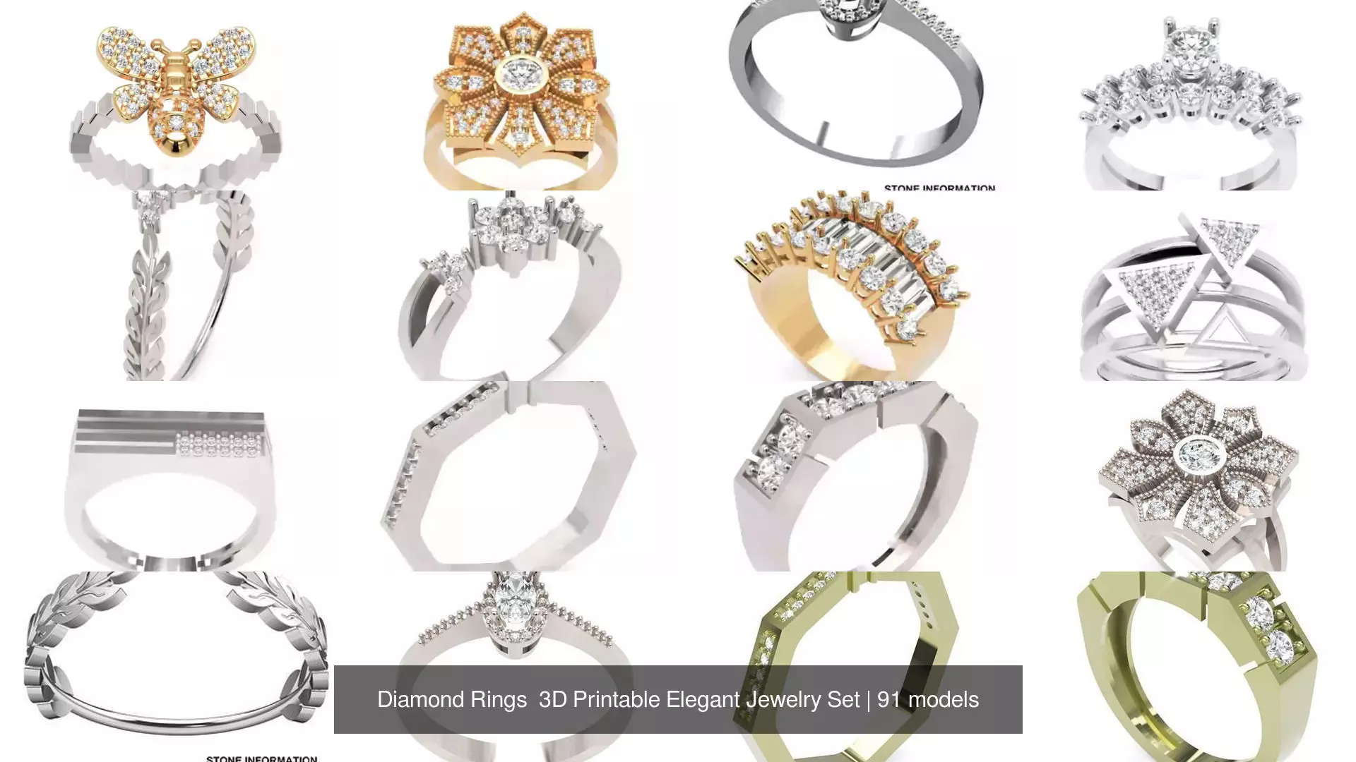 Diamond Rings 3D Printable Elegant Jewelry Set 3D Model Collection_276
