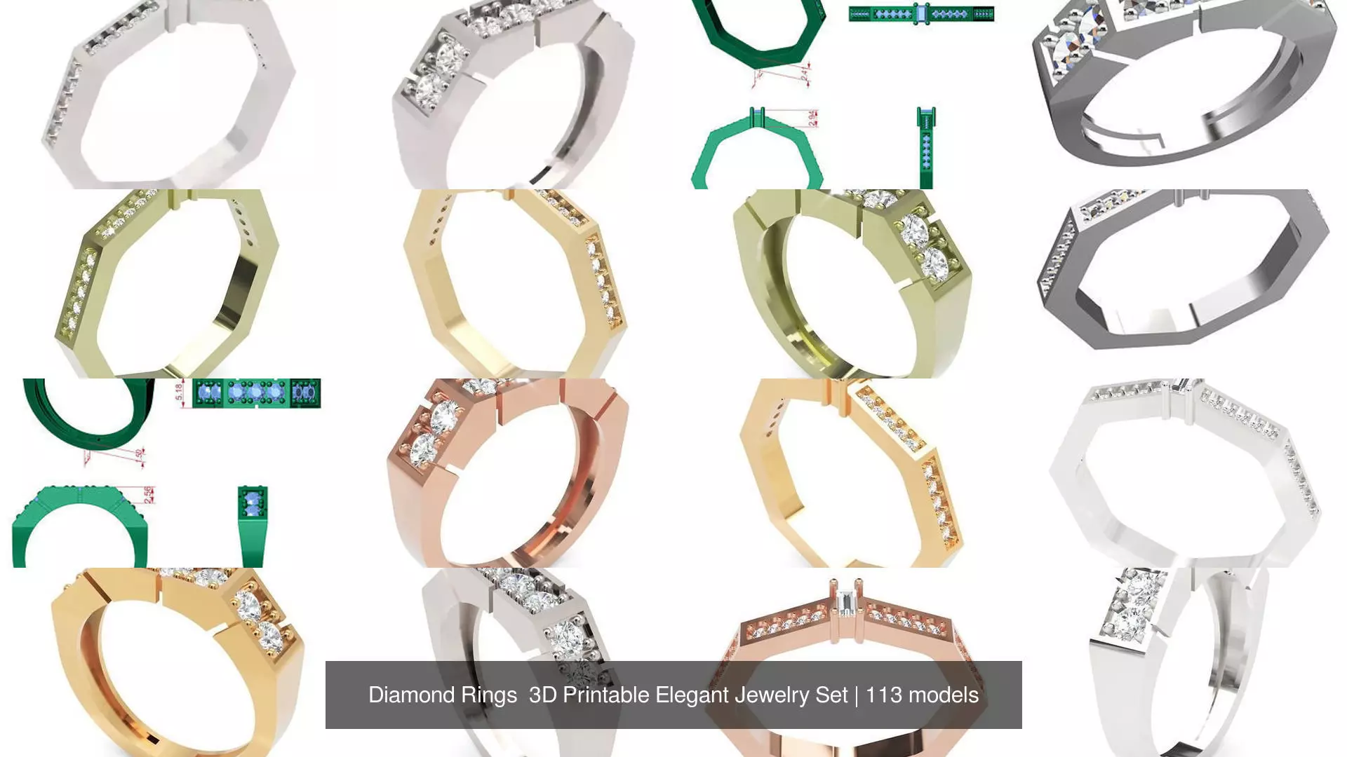 Diamond Rings 3D Printable Elegant Jewelry Set 3D Model Collection_343