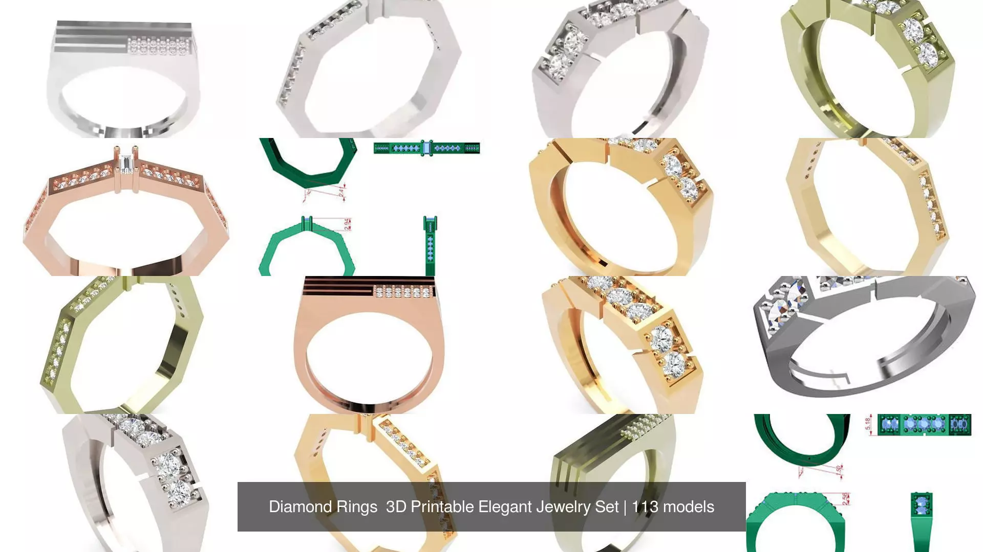 Diamond Rings 3D Printable Elegant Jewelry Set 3D Model Collection_342
