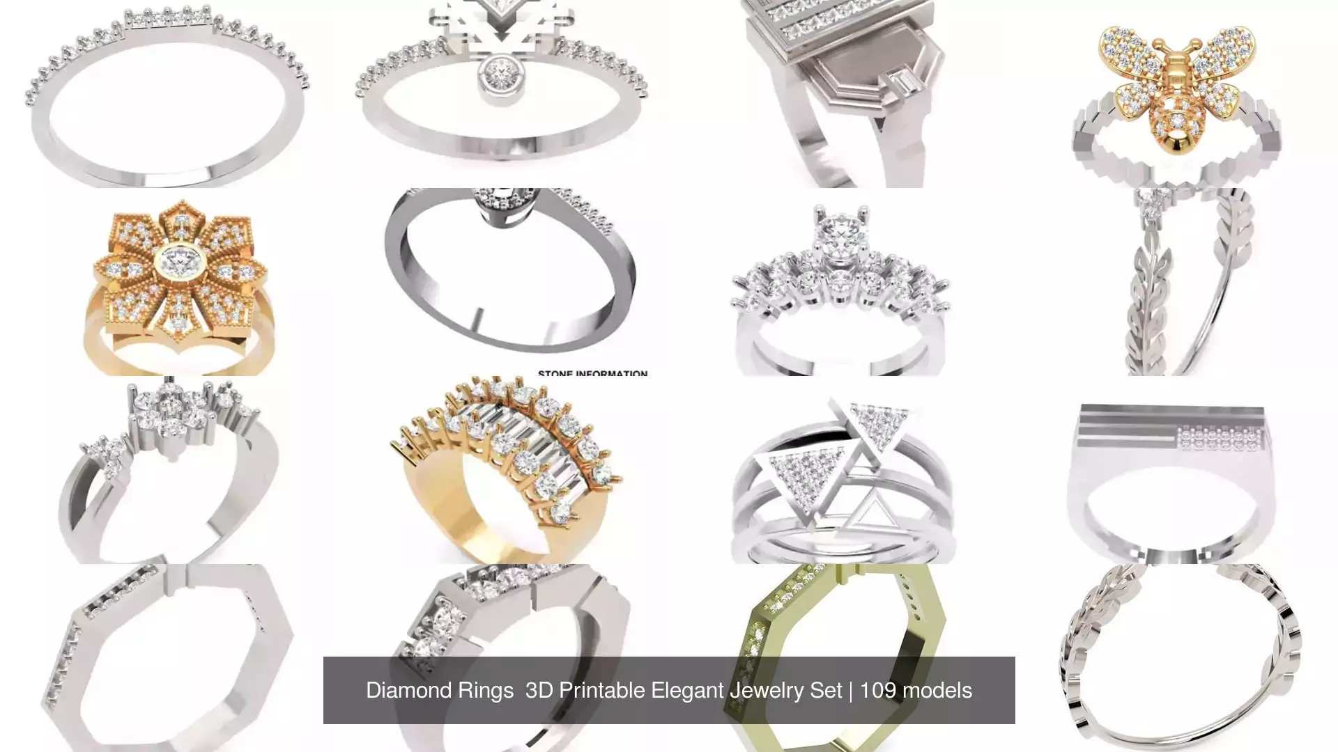 Diamond Rings 3D Printable Elegant Jewelry Set 3D Model Collection_310