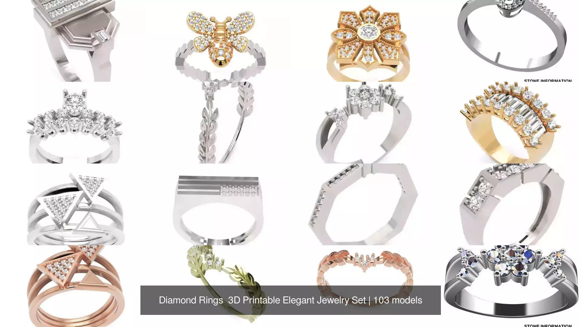 Diamond Rings 3D Printable Elegant Jewelry Set 3D Model Collection_313