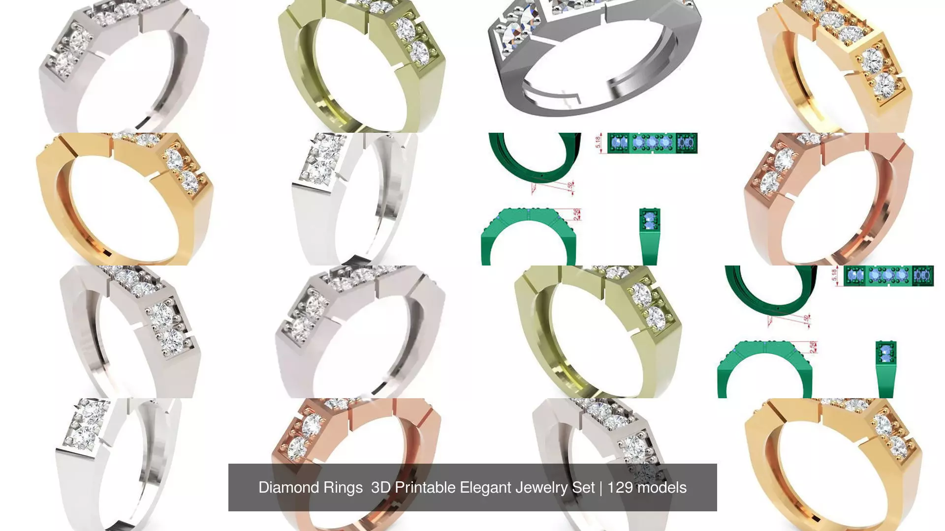Diamond Rings 3D Printable Elegant Jewelry Set 3D Model Collection_349
