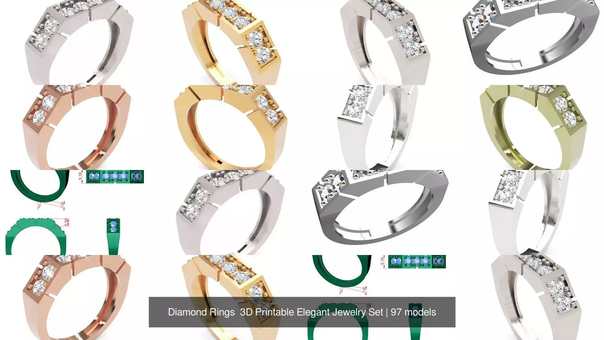 Diamond Rings 3D Printable Elegant Jewelry Set 3D Model Collection_323