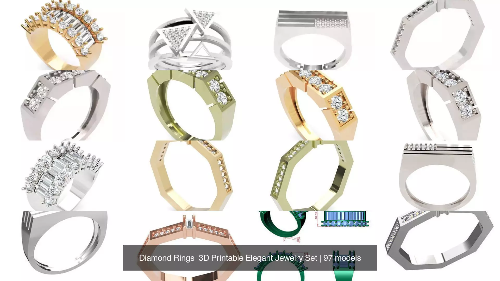Diamond Rings 3D Printable Elegant Jewelry Set 3D Model Collection_319