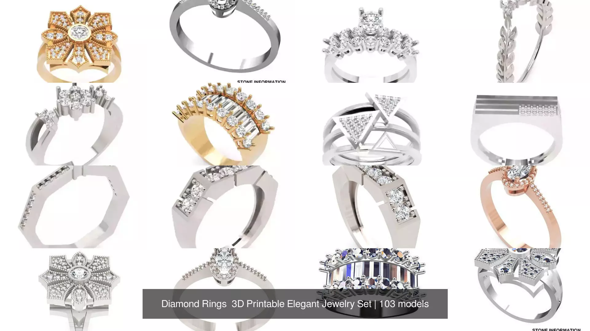 Diamond Rings 3D Printable Elegant Jewelry Set 3D Model Collection_312